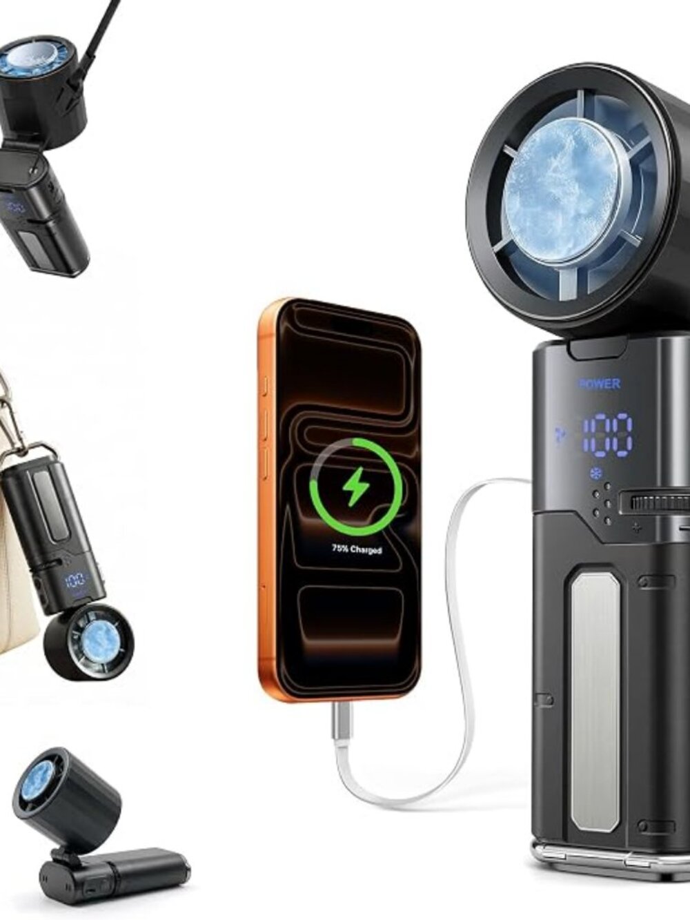 Portable Handheld Turbo Fan with Cooling Plate & Retractable USB-C Cable, 6000mA